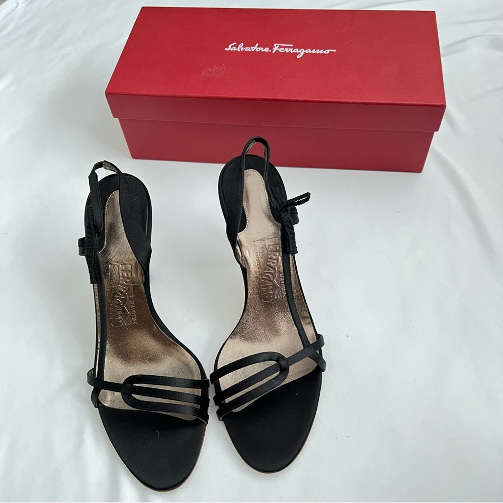 Size 9.5 Salvatore Ferragamo Black Satin Simphone Strappy Slingback Heels